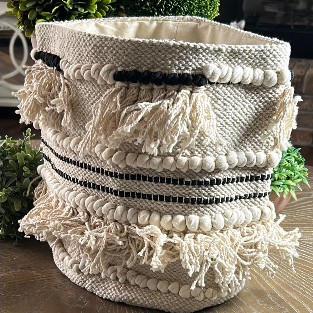 NEW! LARGE Shabby Chic Bohemian Cream & Black Woven Storage Basket